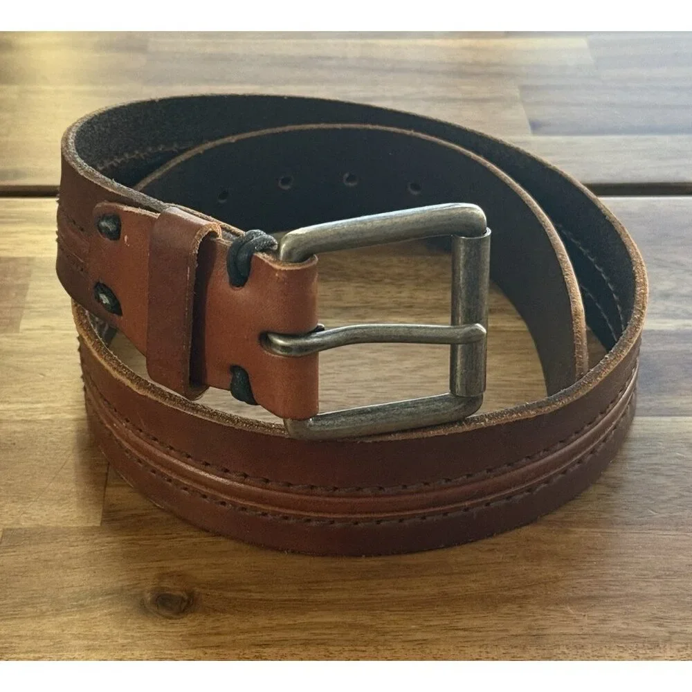 Lucky Brand Brown Leather Belt Handcrafted Vintage Style Distressed Buckle Sz 32